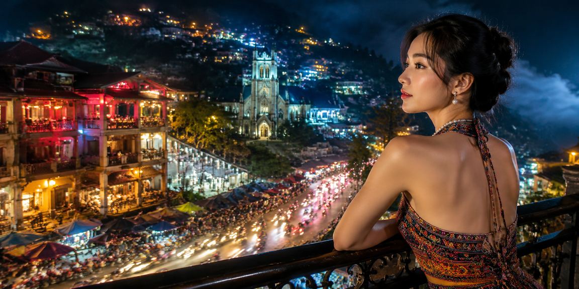 Bầu không khí cá cược neon về đêm tại Sapa với ánh đèn rực rỡ